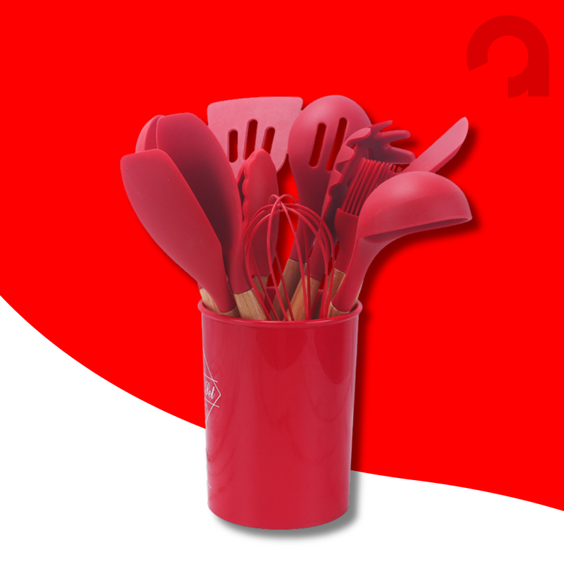 ChefWood Set™ – Conjunto de Utensílios de Silicone com Cabo de Madeira (11 Peças)