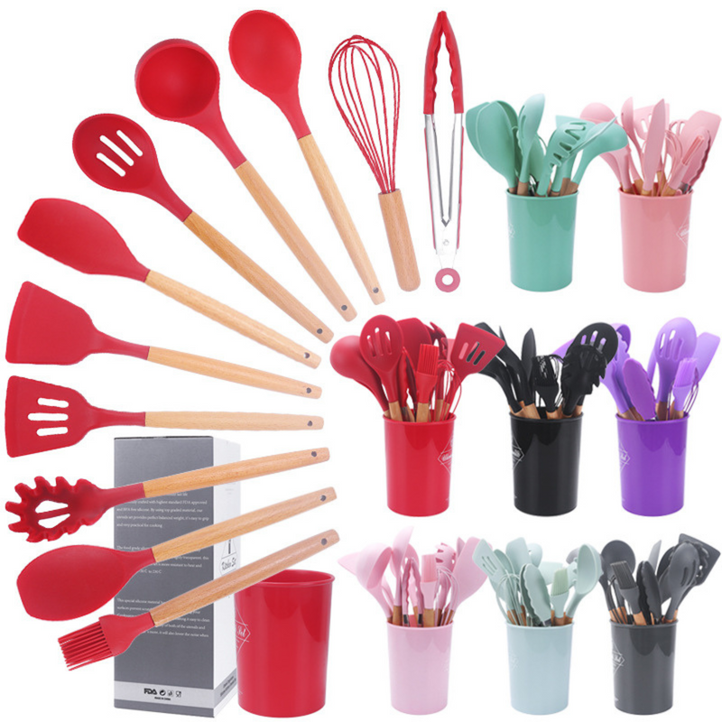ChefWood Set™ – Conjunto de Utensílios de Silicone com Cabo de Madeira (11 Peças)
