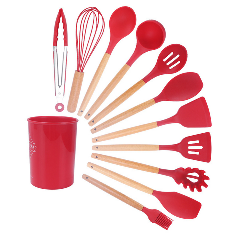 ChefWood Set™ – Conjunto de Utensílios de Silicone com Cabo de Madeira (11 Peças)