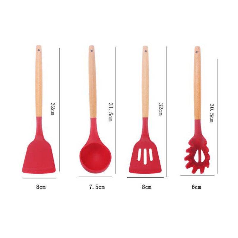 ChefWood Set™ – Conjunto de Utensílios de Silicone com Cabo de Madeira (11 Peças)