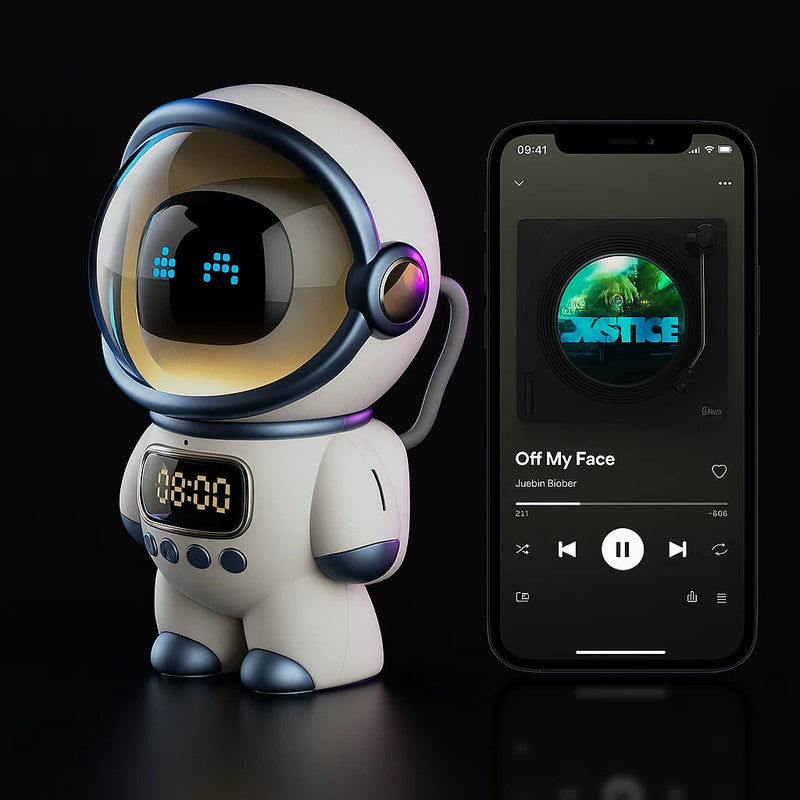 Astronaut AI™ – Alto-falante Bluetooth Inteligente com Despertador e Rádio FM